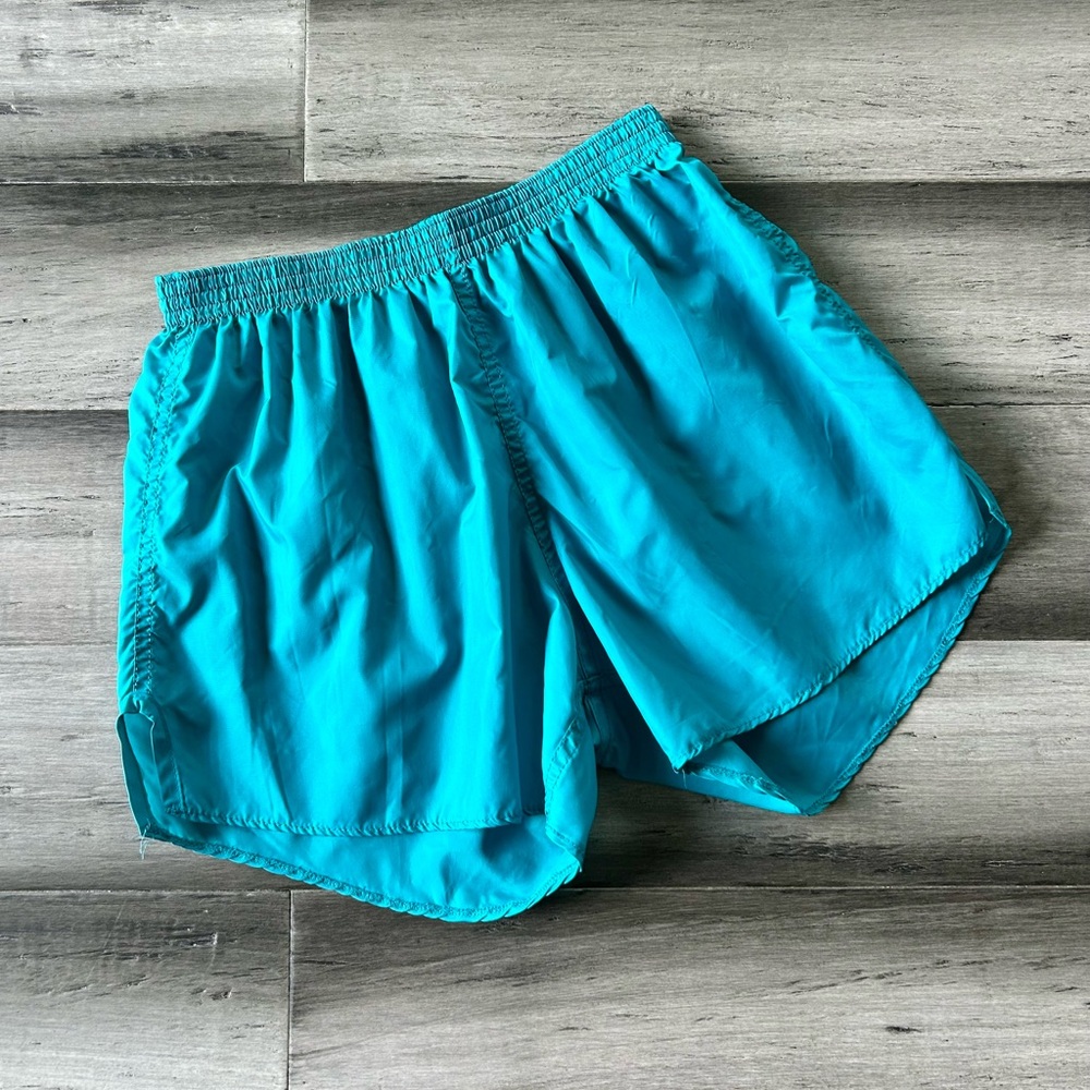Vintage 1990s Soffe Shorts Turquoise Lightweight Nylon Notched Running Shorts